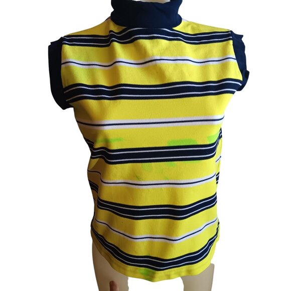 Large Vintage Single Stitch Yellow Striped Sleeveless Mock Neck Top Zipback 70s - Picture 1 of 8